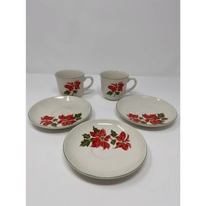 Cuthbertson Poinsettia Made in England 3‎ Saucer 5 1/2" 2 Coffee Cups 3" Tall
